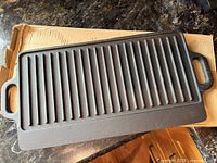 Full view of griddle showing ridged surface and both handles