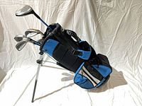 Full view of blue/black stand bag with clubs