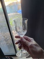 Single lead crystal wine glass held in hand to show pattern and rim