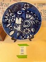 Front view showing full blue and white bird design on porcelain plate