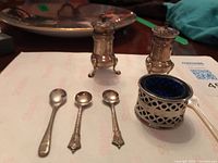 Overall view of shakers, spoons and salt cellar with glass liner