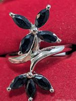 Front view showing floral sapphire arrangement on silver band