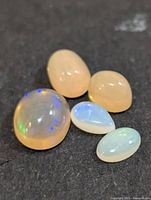 Five opal cabochons grouped on dark surface