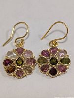 Front view of both earrings showing multicolour tourmaline flower design
