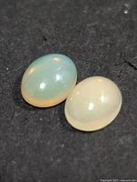 Two oval cabochon opal gemstones on black background