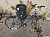 Right side profile of bicycle showing frame, wheels, cargo rack, rust