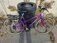 Left side view of purple Supercycle Eurotrax bicycle leaning against stacked tires