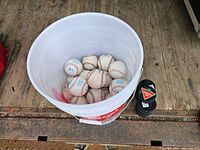 Bucket holding baseballs beside stacked pucks