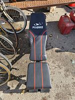 Top view of entire Flybird adjustable bench showing seat, backrest, upholstery pattern