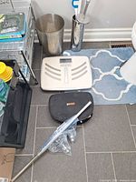 Group view: scale, goLITE case, mounting pole, waste bin, toilet brush holder