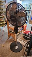 Front view of black Bionaire pedestal fan showing base, shaft, grille and blades