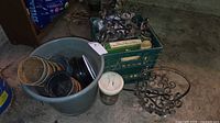 overall lot with tub, pots, crate, iron pieces