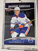 Front view of the Connor McDavid Rookie Resume card in protective holder