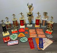 All trophies, patches and ribbons arranged on surface