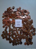 Overhead view of entire spread of loose pennies