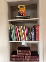 Full view of shelving unit with top, middle and bottom shelves showing assorted books