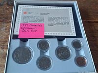 Front view of sealed 1984 specimen coin set showing coins and certificate
