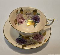 Teacup resting in saucer showing interior floral design and gold trim