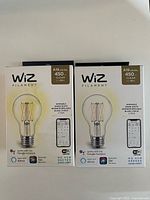 Front view of two WiZ Filament A19 LED bulb boxes