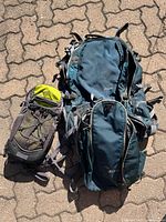 Large Pangea pack beside smaller day trek pack on ground