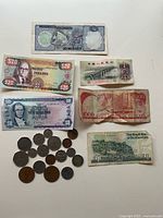 Overview of all banknotes and coins laid out