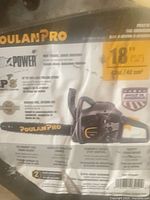 Poulan Pro label on chainsaw case showing 18 in / 42 cm information