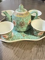 Entire tea set on tray showing pattern and scale