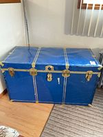 Closed blue trunk showing exterior and hardware