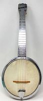 Front view of chrome banjo-ukulele showing skin head, bridge, neck and headstock