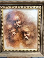 Framed painting showing full composition of three elderly male heads