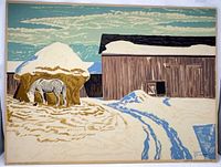 Full view of silkscreen print showing horse, barn and snow scene