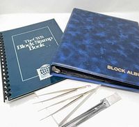 Blue Block Album, CWS Block Stamp Book, three tweezers