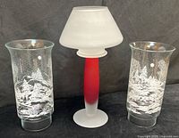 Front view of both etched vases and frosted lamp