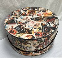 full view of closed hat box showing exterior collage and rope handle