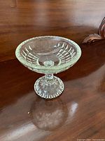 Side view of clear pressed glass pedestal candy dish on wooden surface