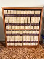 Front view showing both shelves of the complete Britannica set.