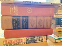 Front stack showing Human Ancestors, Webster’s New Collegiate Dictionary, Bartlett’s Familiar Quotations, The World Rushed In