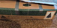 Closed cardboard box labeled 6' Canadian Pine Tree with Roto logo, taped and strapped