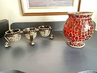 Overall view showing tri-tealight holder and mosaic pedestal holder