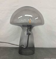Front view of smoked glass mushroom lamp illuminated