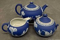 Full view of teapot, creamer and sugar bowl showing size and matching design