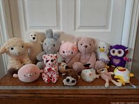 Front view of all fourteen plush toys lined on table