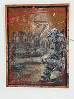 Front view of signed 2009 Ken Foster acrylic painting on corkboard with wood edging