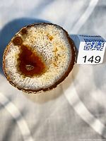 Full view of agate geode slice showing banding and crystal core beside scale cube 149