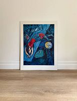 Full view of mounted Le Cirque bleu plaque leaning against wall