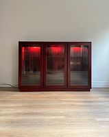 Front view of closed rosewood cabinet with interior lights on