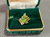 Ring in green velvet box showing cluster of jade-coloured cabochon stones and rhinestones