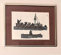 Framed stonecut print showing boat scene