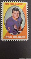 Front view showing Rod Gilbert image, team and player name, perforated edges