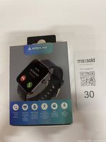 Front of retail box showing Apex Fit branding and watch features